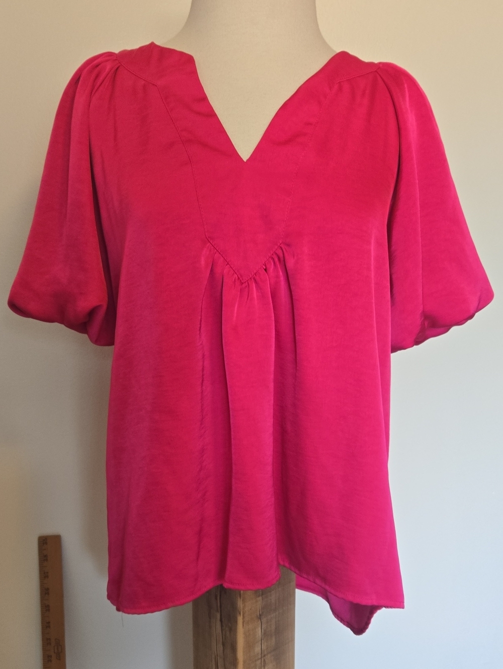 glam Hot Pink V-Neck Puff Sleeve Blouse